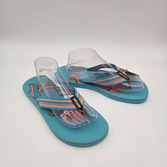 Sakroots Eudora Turquoise Blue Fish Flip Flop Thong Sandals Womens Sz 10 NEW - Picture 3 of 6